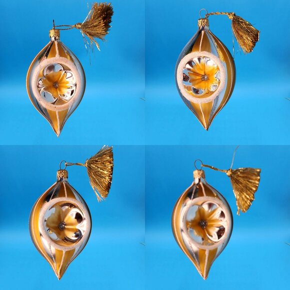 Silver Gold Teardrop Indent Glass Ornaments with Tassels Vintage Retro Set - Picture 2 of 6